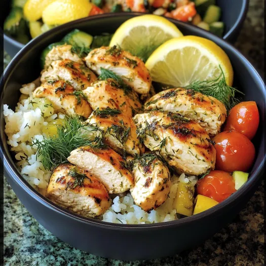 A bowl of chicken with lemon and dill.