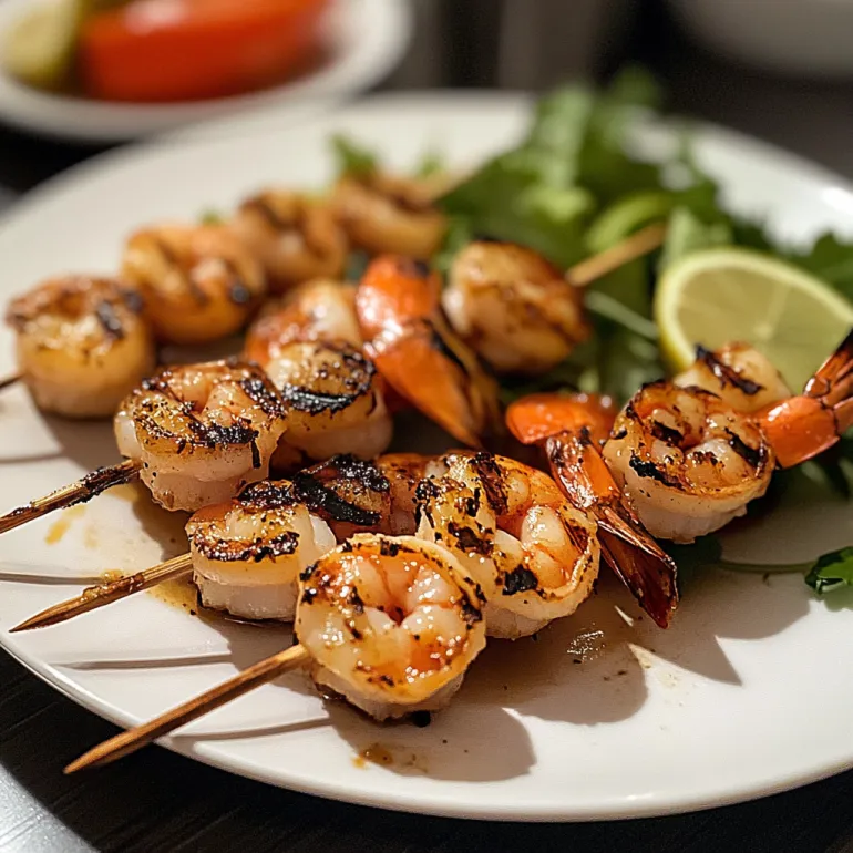 A plate of grilled shrimp skewers with lime wedges.