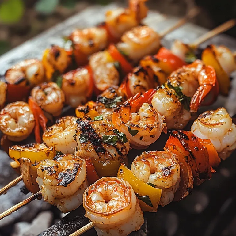 Shrimp skewers on a grill.