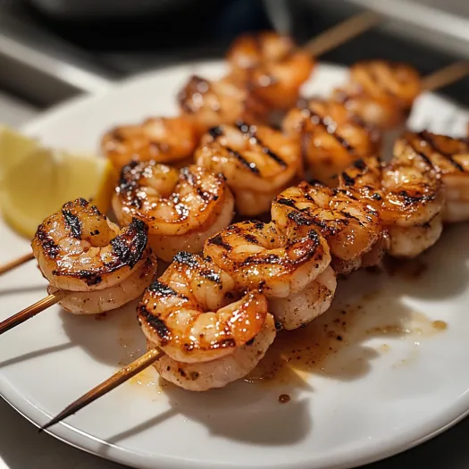 A plate of grilled shrimp skewers.