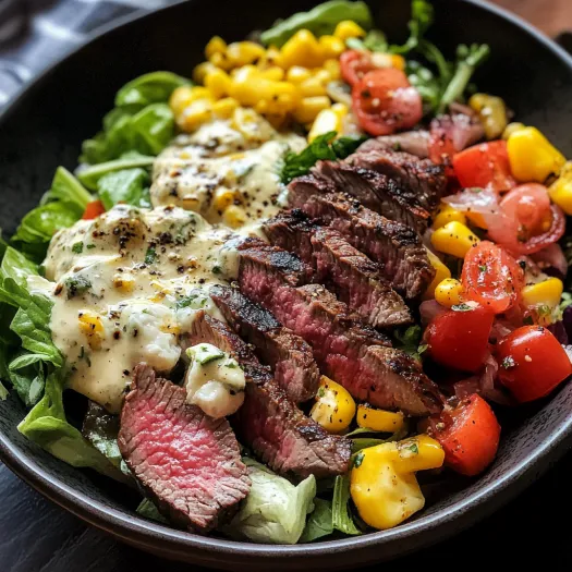 A chopped salad with grilled steak.