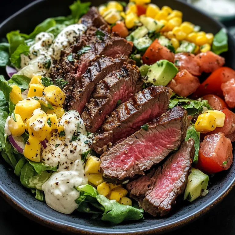 A bowl of chopped salad with grilled steak.