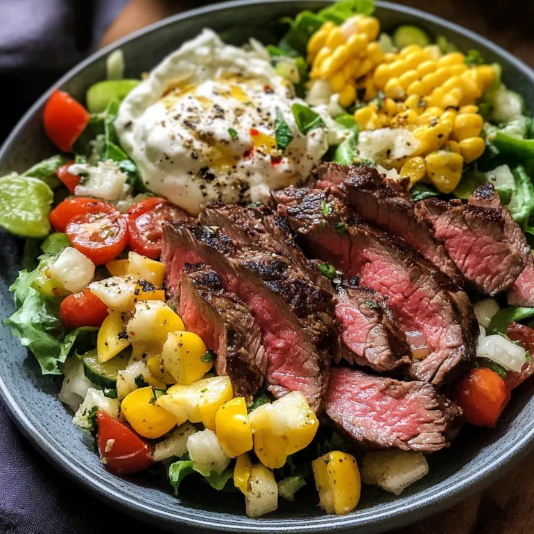A chopped salad with grilled steak.