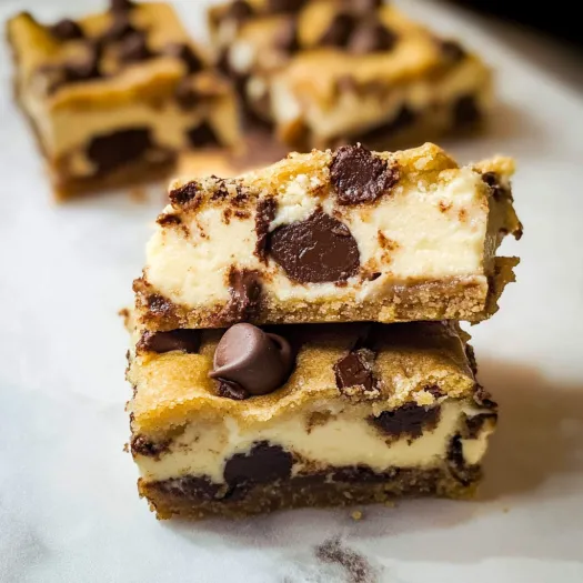 A close up of a chocolate chip keto cheesecake cookie bar.