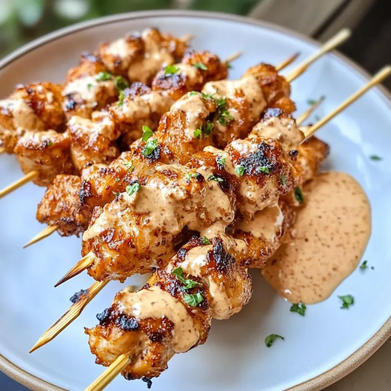 A plate of tasty bang bang chicken skewers.