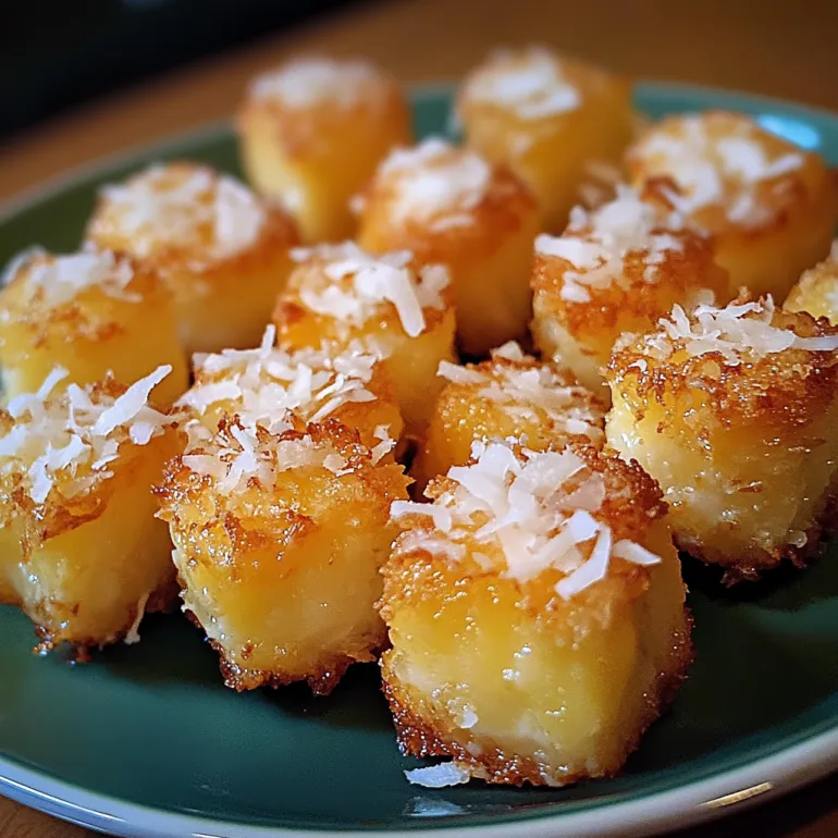 Coconut pineapple bites on a plate.