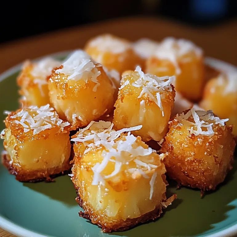 Coconut pineapple bites on a plate.