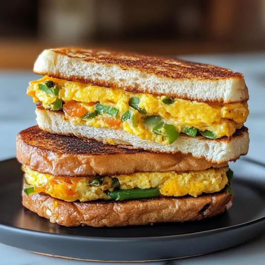 A sandwich with egg, peppers and greens on a plate.