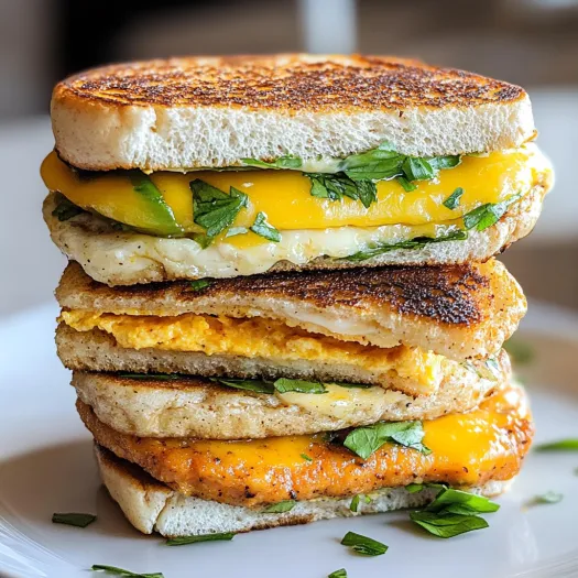 A stack of high-protein vegetarian breakfast sandwiches.