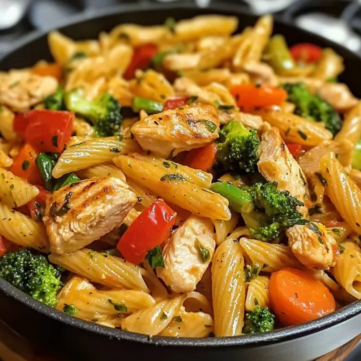 A bowl of pasta with chicken and broccoli.