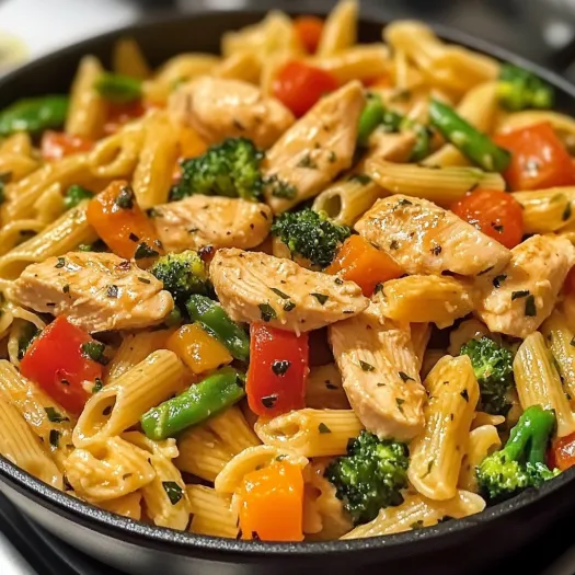 A bowl of pasta with chicken and vegetables.