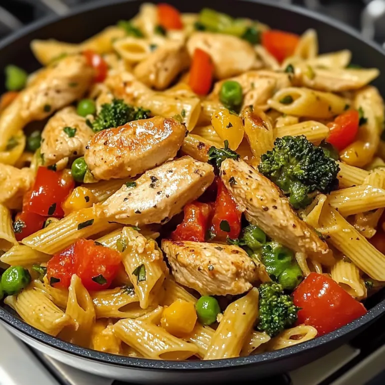 A delicious pasta primavera dish with chicken and broccoli.
