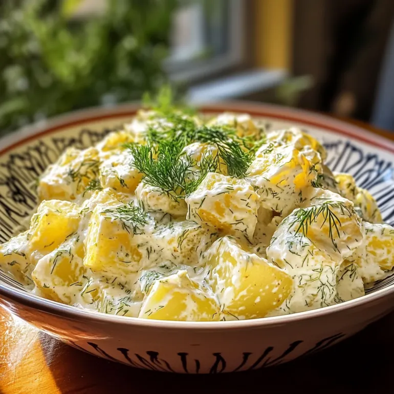 A bowl of dill potato salad.