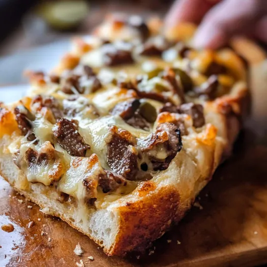 A slice of cheesy bread with meat on it.