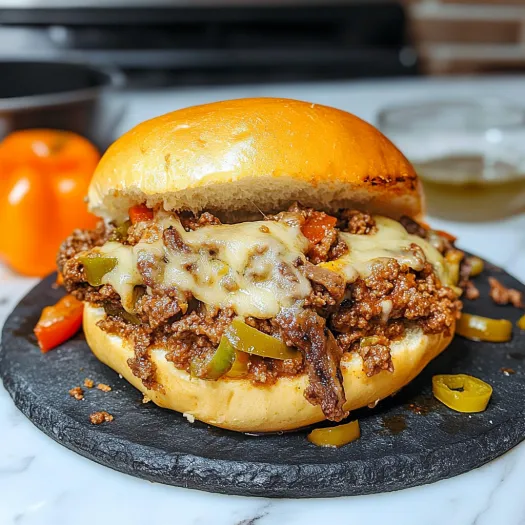 A sloppy joe sandwich on a black plate.