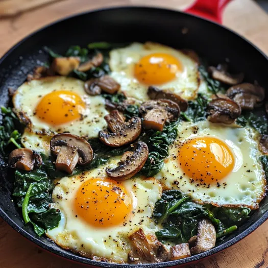 A skillet with eggs, spinach and mushrooms.