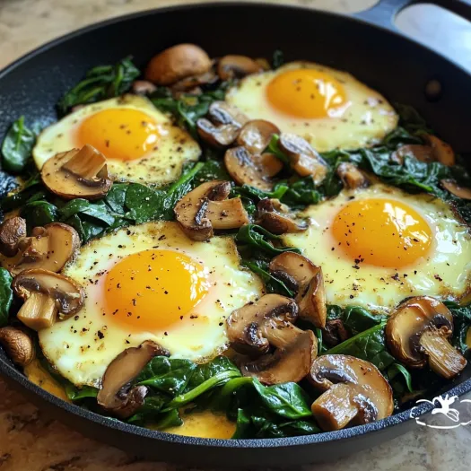 A skillet with eggs, spinach and mushrooms.