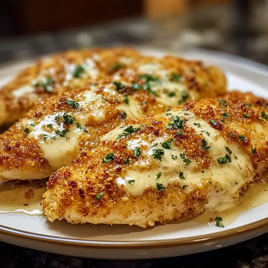 A plate of chicken covered in Parmesan cheese.