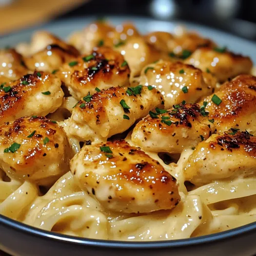 A bowl of garlic butter chicken bites with savory creamy parmesan pasta.