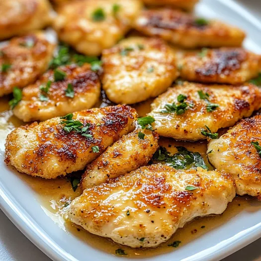 A plate of chicken scallopini with herbs and sauce.