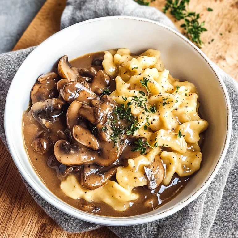 A bowl of mushroom gravy and pasta.