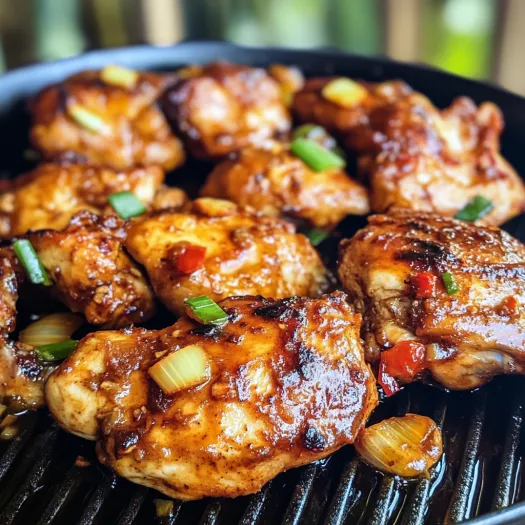 A pan of chicken with a huli huli sauce.