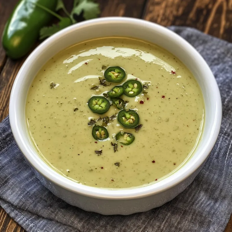 A bowl of creamy jalapeno sauce with green peppers and jalapenos.