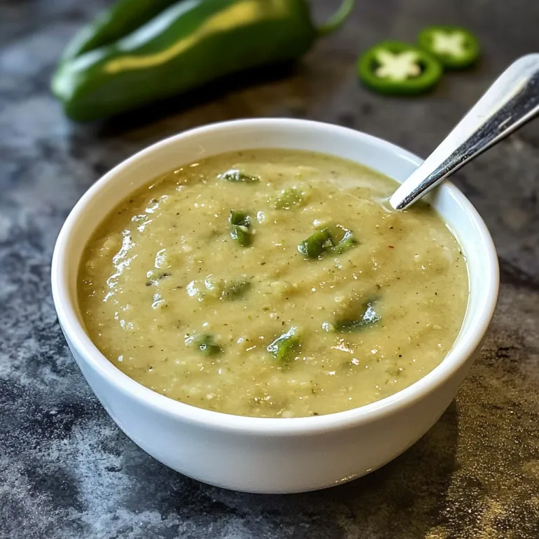 A bowl of creamy jalapeno sauce with a spoon in it.