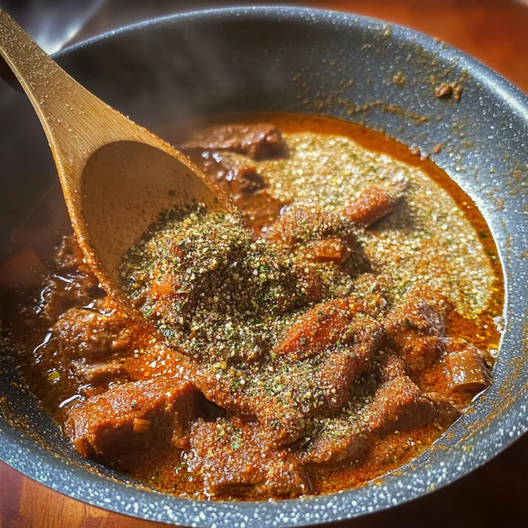 A wooden table with a bowl of beef stew seasoning.