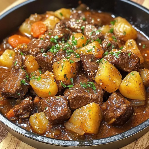 A bowl of beef stew with a green herb on top.