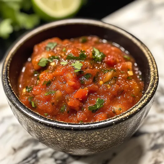 A bowl of salsa with a lime wedge on top.