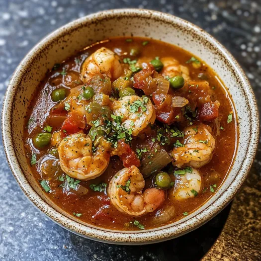 A bowl of shrimp gumbo with peppers and onions.