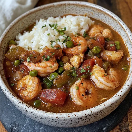 A bowl of shrimp gumbo with rice and peppers.