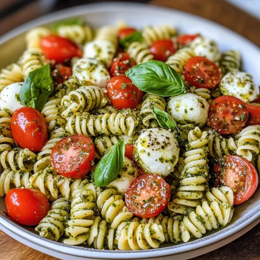 A plate of pasta salad with tomatoes, spinach, and cheese.