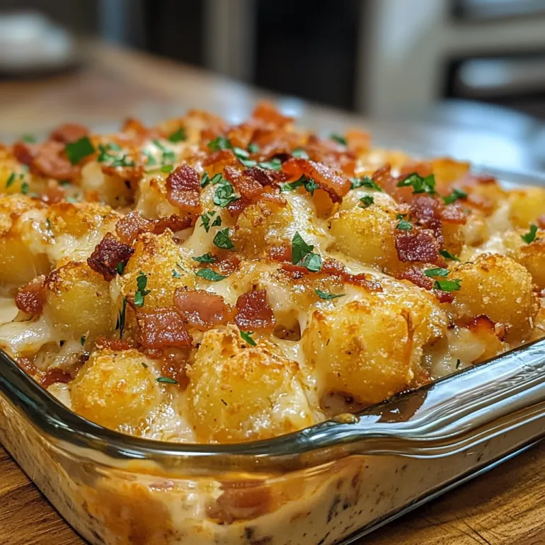 A dish of chicken bacon ranch tater tot casserole.