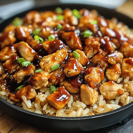 A pan of rice with chicken and sauce.
