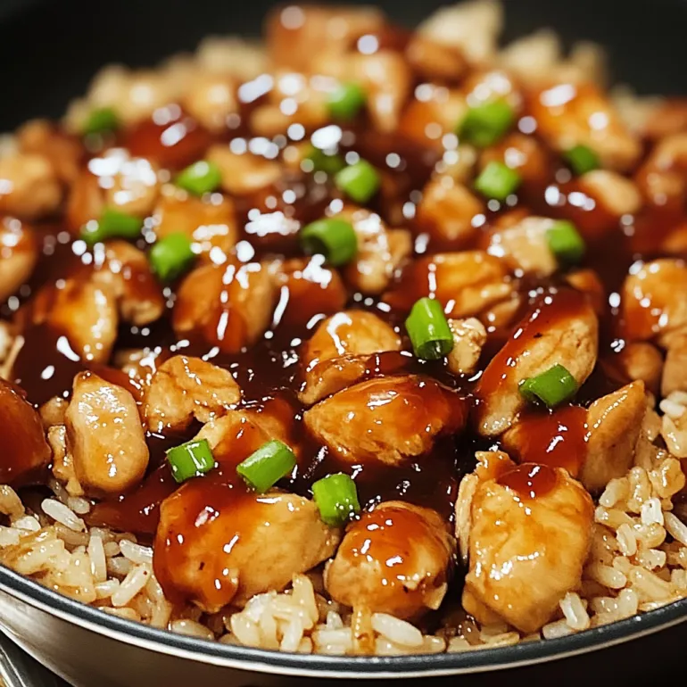 A close up of a pan of rice with chicken and sauce.