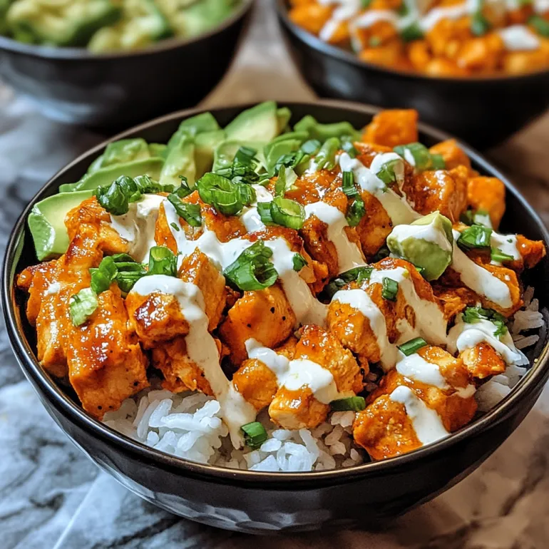 A bowl of chicken with rice and sauce.