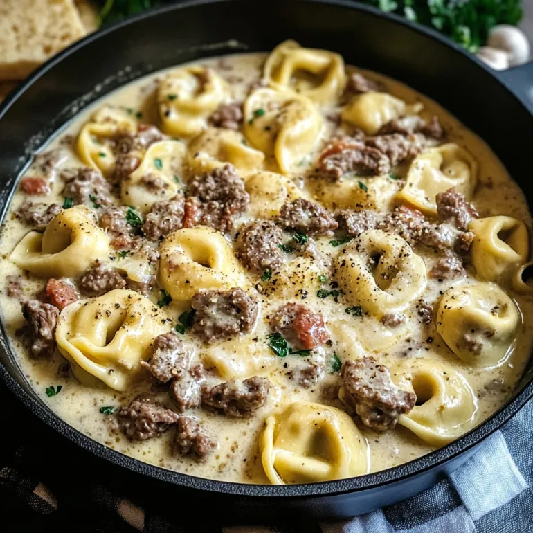 A bowl of cheesesteak tortellini in creamy provolone sauce.