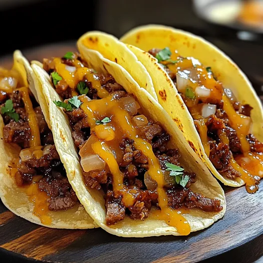 Two tacos with meat and cheese on top.