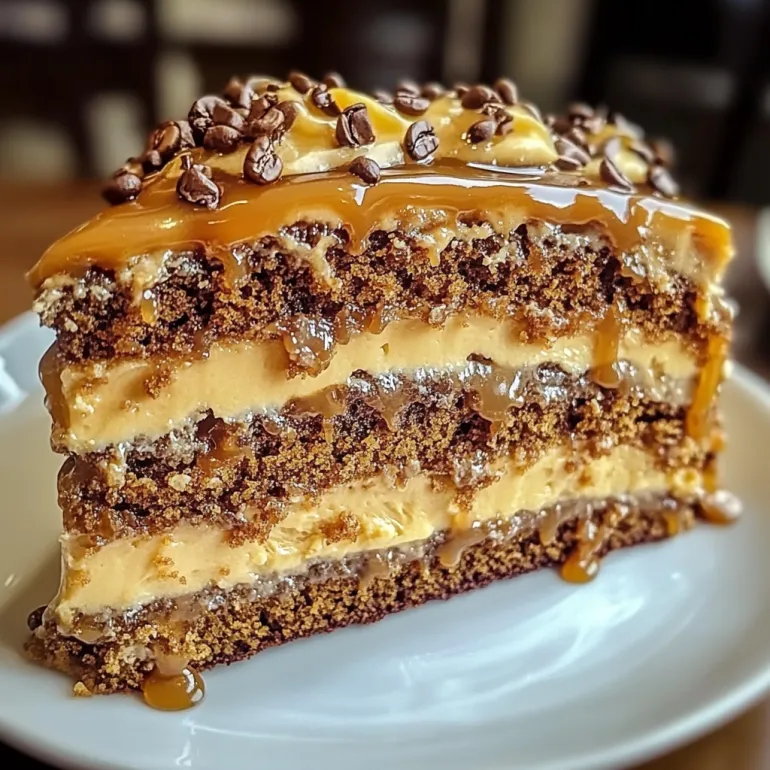A slice of gooey caramel cake.