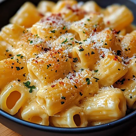 A bowl of pasta with garlic butter and Parmesan cheese.