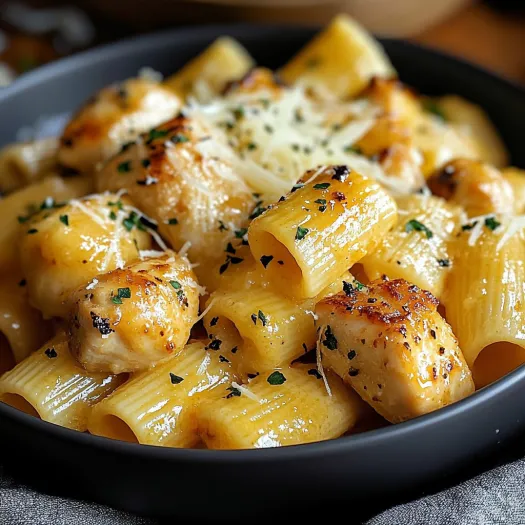 A bowl of rigatoni pasta with chicken and cheese.