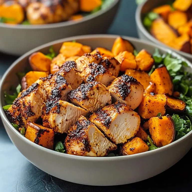 A bowl of blackened chicken and sweet potatoes.