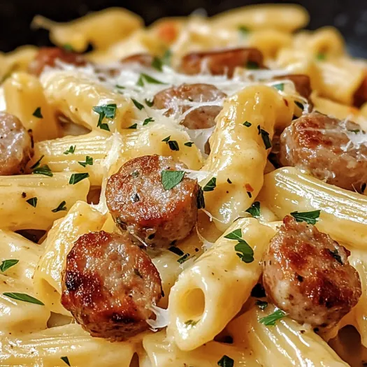 A dish of pasta with sausage and cheese.