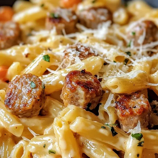 A delicious meal of pasta with sausage and cheese.