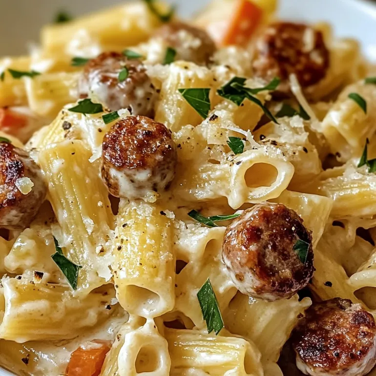 A plate of pasta with sausage and vegetables.