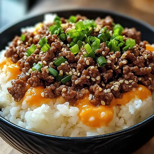 A bowl of beef with green onions on top.