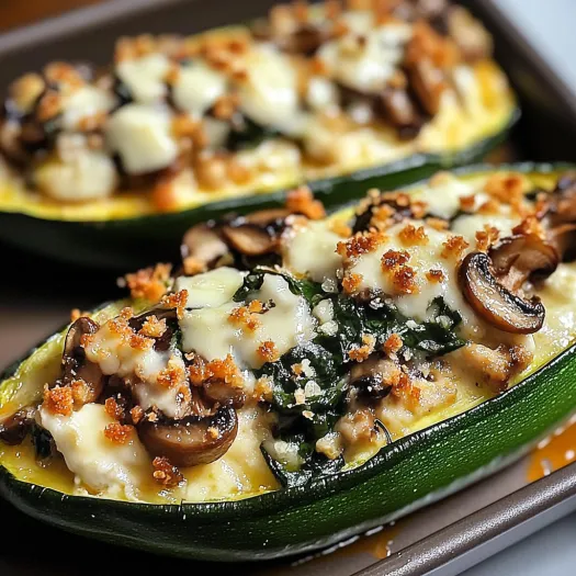 Two stuffed zucchini boats with mushrooms and spinach.