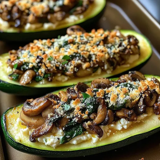 Three stuffed zucchini boats with mushrooms and spinach.